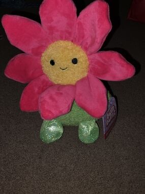 Bright Pink Flower Plush with Yellow Face and Green Sparkle Feet - Bun Bunz